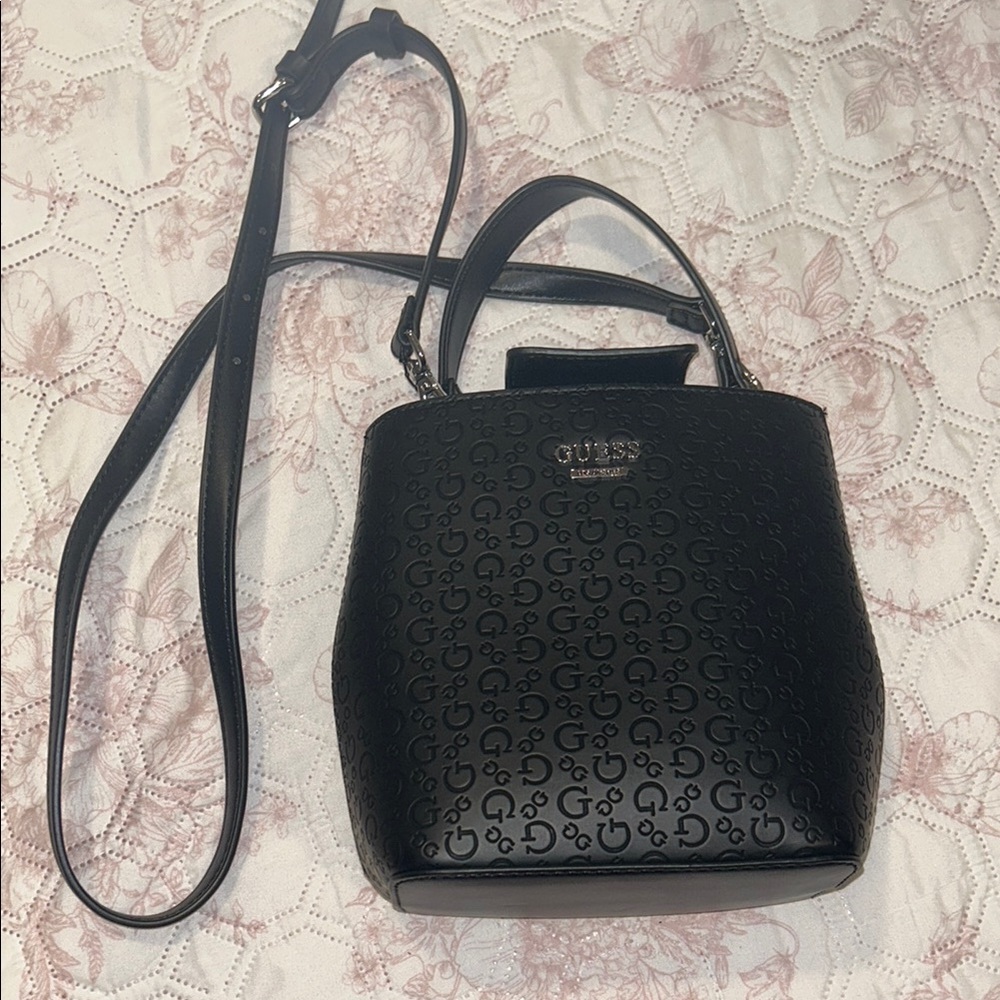 Black Leather Guess Bucket Purse